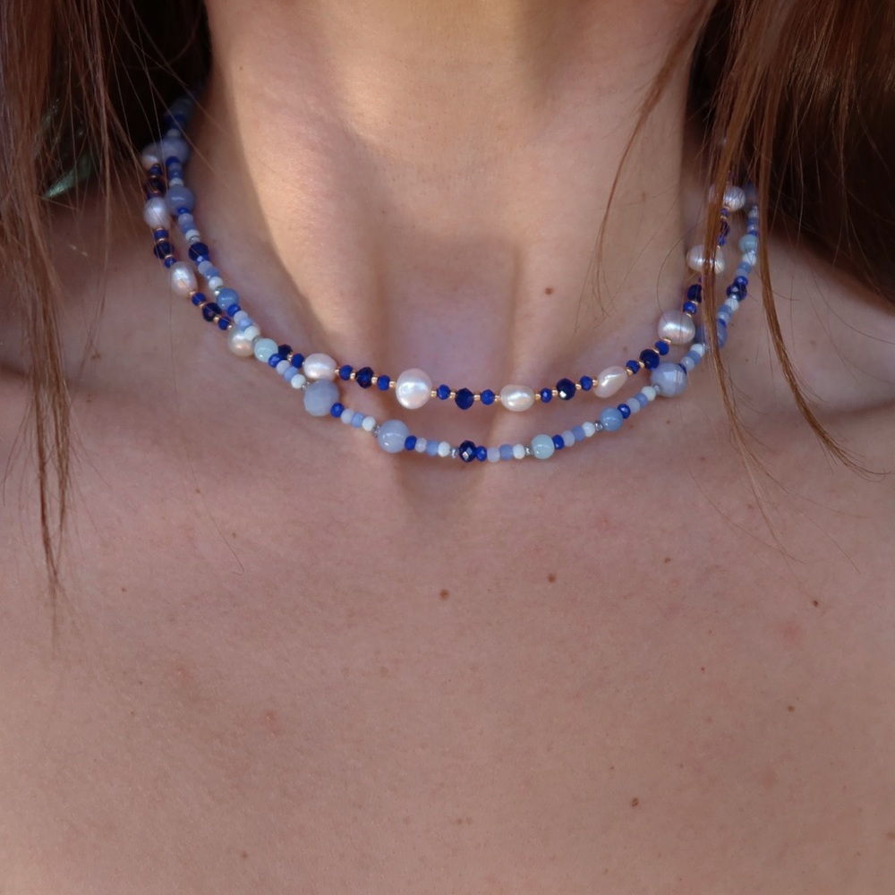 Genuine Freshwater Pearl & Crystal Necklace Bundle | Blue Gemstone |